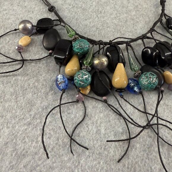 Teresa Goodall Vintage Resin Glass Bead Necklace Linen Cord Signed Boho Jewelry - Picture 5 of 12